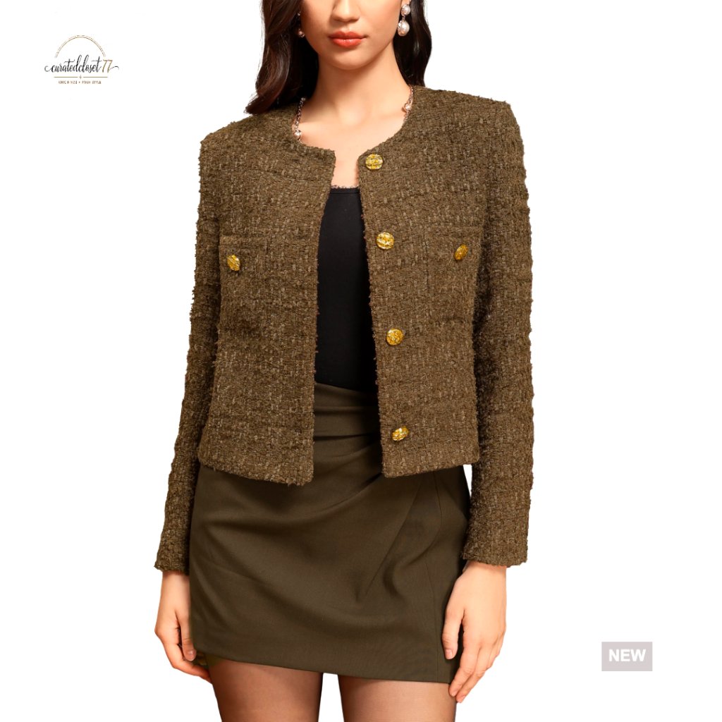 Cropped Tweed Blazer Wool Boucle Jacket Business Casual Box Fit